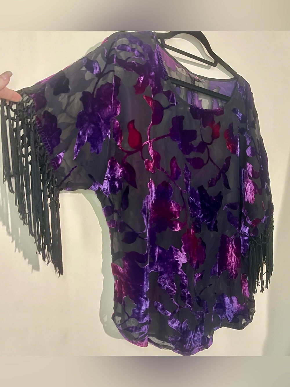 Sheer fringe velvet burnout top blouse M oversized Whimsigoth witchy purple